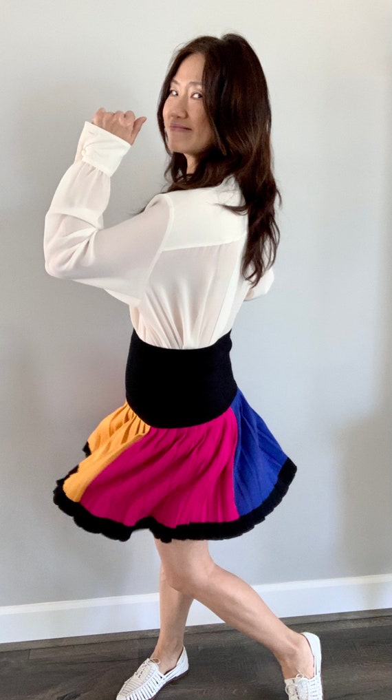 Vintage Knit Color-block Mini Pleat Skirt/80s Liz Claiborne/wool