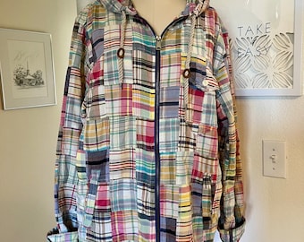 Vintage Polo Hood Madras Patched Fabric Shirt Jacket/Man size L/Colorful Preppy/Soft-Washed Cotton