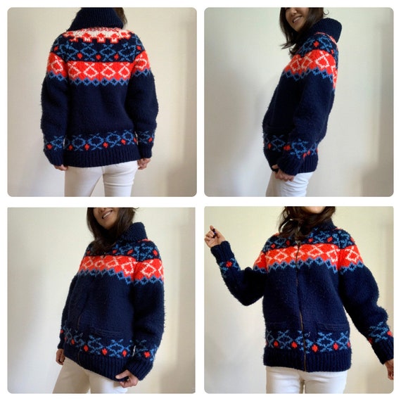 Vintage Hand-knit Cowichan Zipper Sweater Jacket/… - image 3