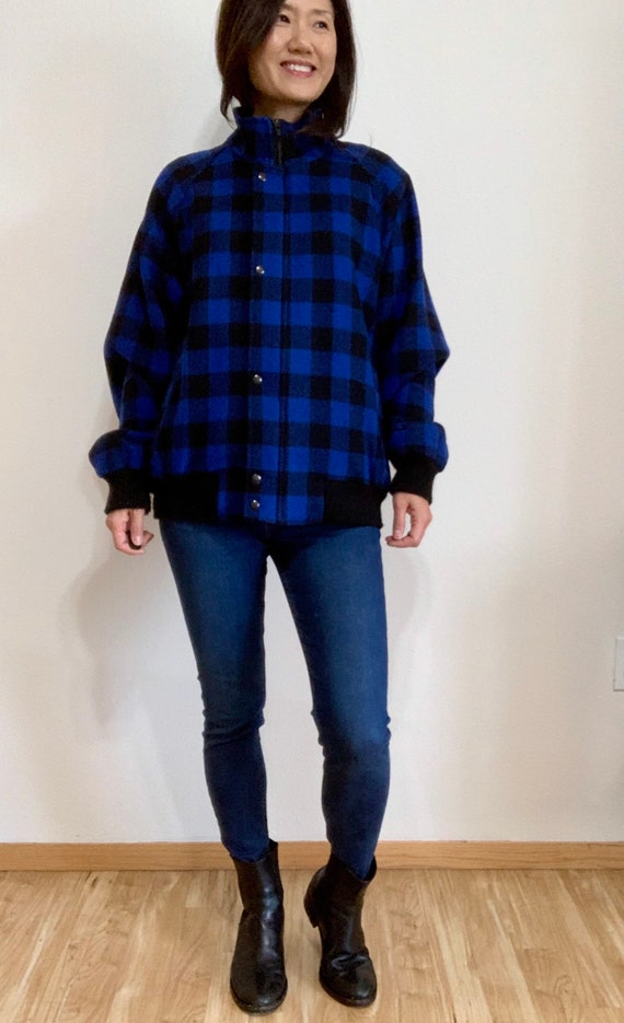 Vintage 90s Deep Blue Black Checker Wool Bomber J… - image 4