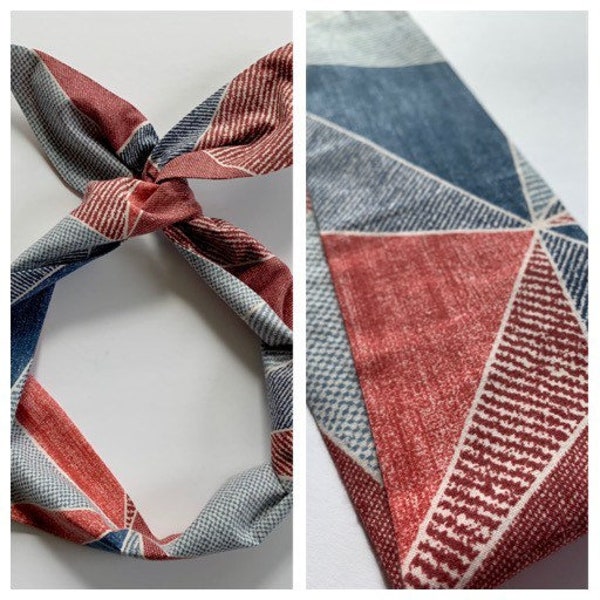 Twist Bow Wired Head Scarf Triangle Americana Dolly Bow Headband/Red White Blue Washed/ Inner Wired Headwrap