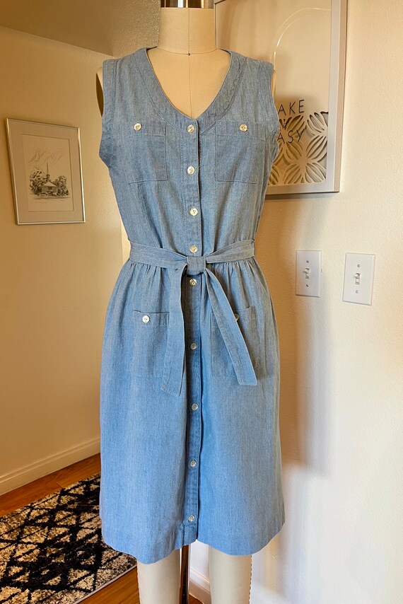Vintage Chambray Belted Shirt Dress/ Sleeveless Ch