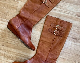 Vintage 80s Pull On Long Buckle Boots/ Handmade Leather Boots/ Long Camel Brown Boots/ Woman size 7.5