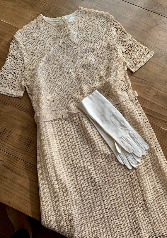 Vintage 1930s Cream Handknitted Dress/ Silk Croche