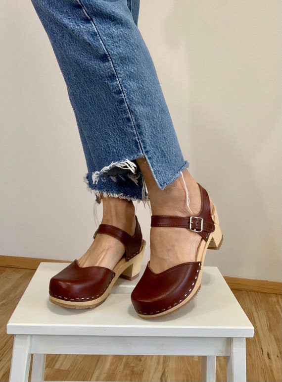 Vintage Handmade Wood Heel Clogs/Mary Jane/Brown L