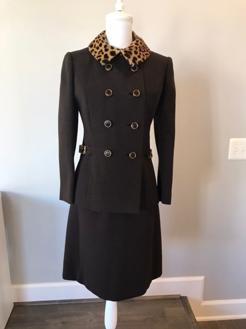 Vintage Boutique 2pc Shift and Jacket SuitHandmadeChocolate Brown Animal Print Fur Trim Shift Dress and JacketSize 8