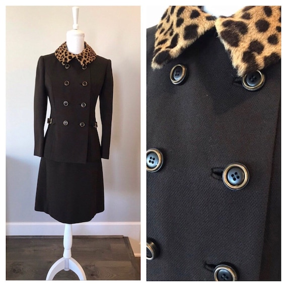 Vintage Boutique 2pc Shift and Jacket SuitHandmadeChocolate Brown Animal Print Fur Trim Shift Dress and JacketSize 8