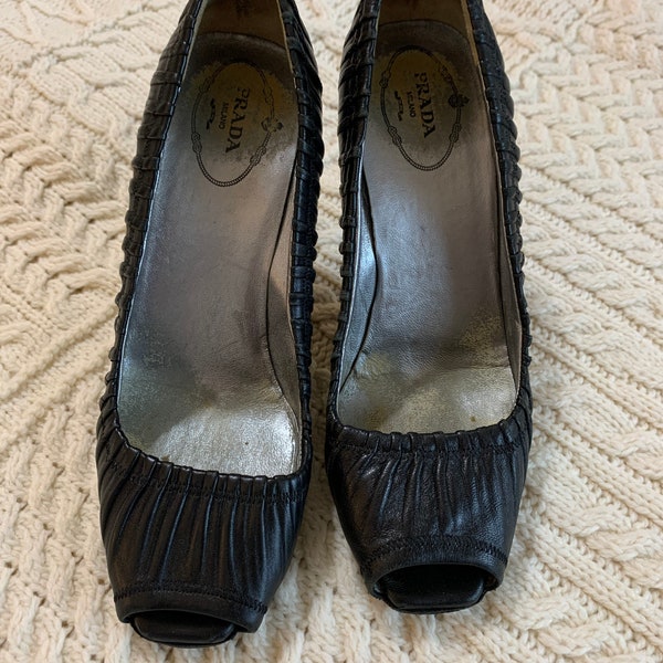 Vintage Prada Peep Toe Ruche Heels, size 36.5, Black Pleated Leather