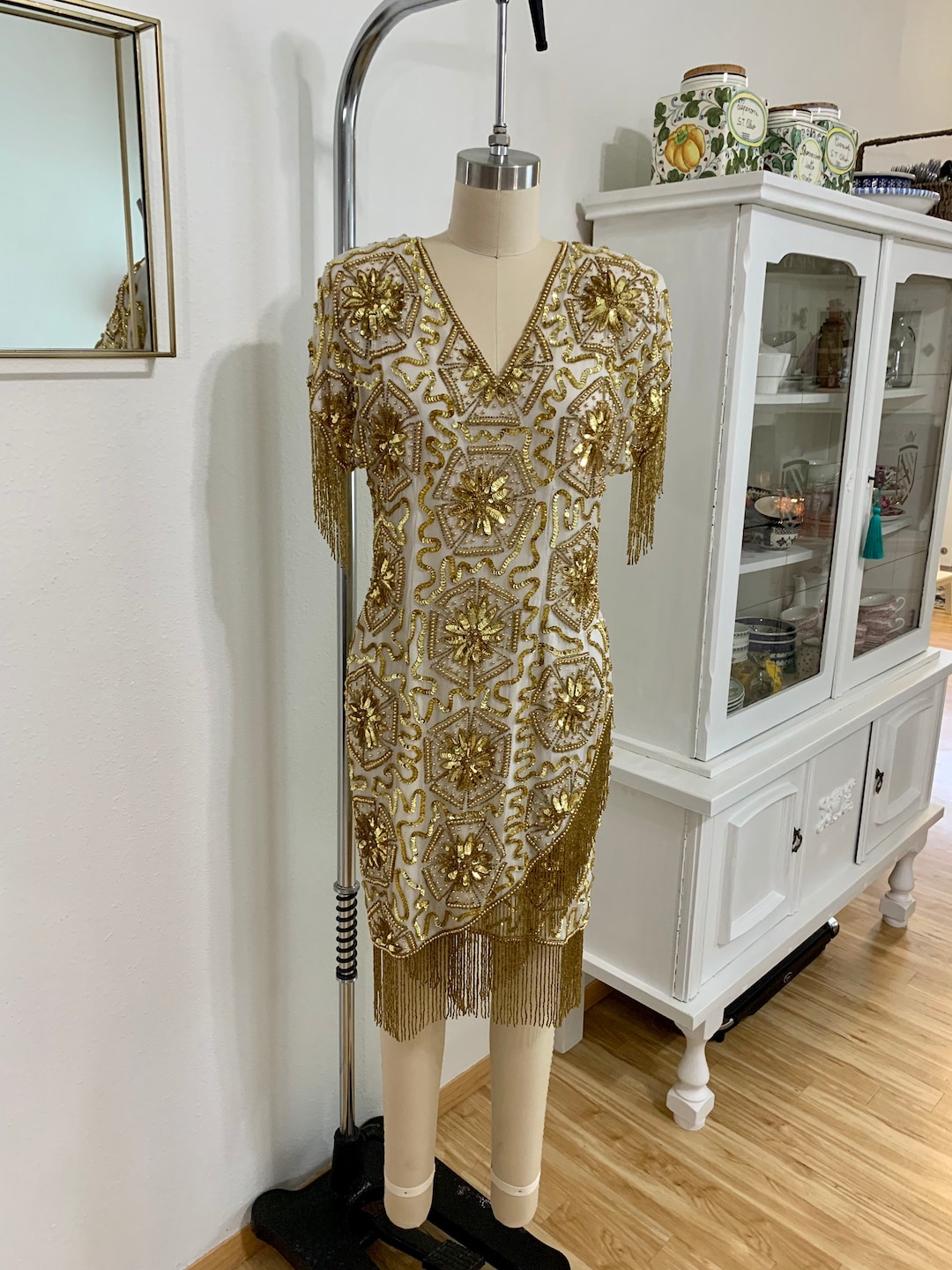 80’s Gold Beaded Baroque Silk Party Cocktail Dress by Starington