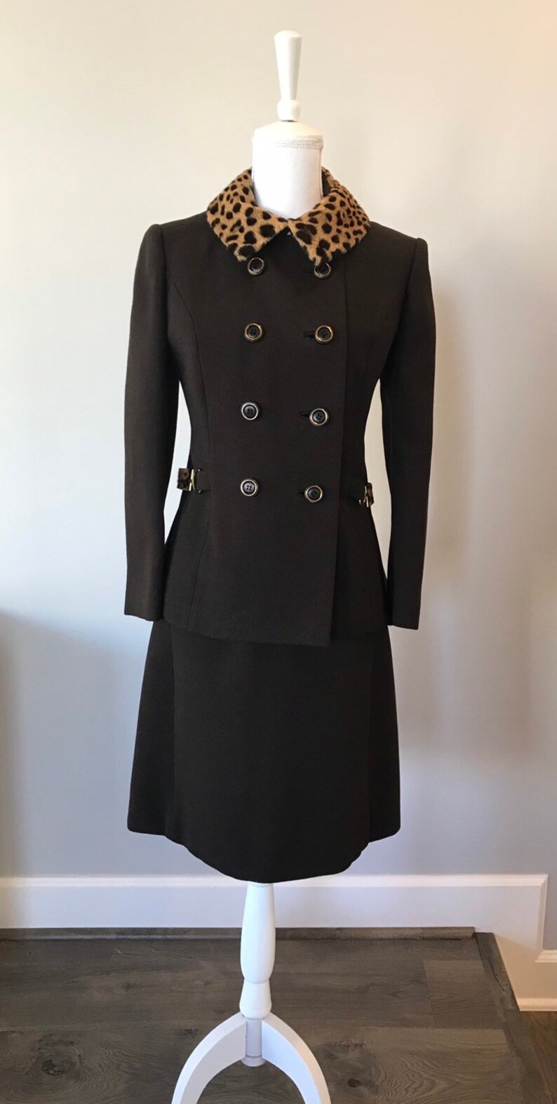 Vintage Boutique 2pc Shift and Jacket SuitHandmadeChocolate Brown Animal Print Fur Trim Shift Dress and JacketSize 8
