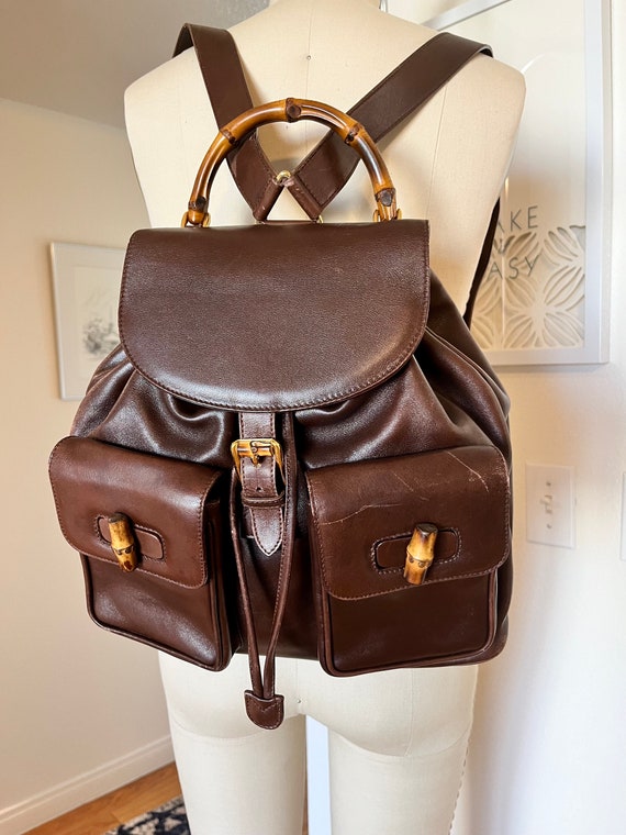Gucci Vintage Brown Leather and Bamboo Backpack Bag With Dust bag Gucci Bamboo Drawstring Leather Exterior Bags & Handbags for  main image 3