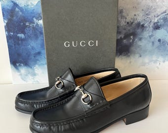 Chaussures vintage/Mocassins GUCCI argentés à mors pour femme/Cuir noir/Taille 37,5 C/Made in Italy