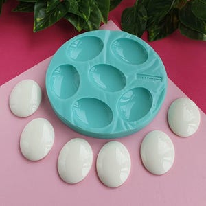 Op de afbeelding: Een turquoise siliconen mal met zeven ovale holtes, naast zes witte ovale harsstukken. De mal heeft de tekst "lizzy's creations". De items liggen op een roze en rode ondergrond met groene bladeren.