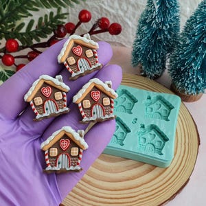 Può includere: Quattro ornamenti a forma di casetta di pan di zenzero in miniatura con tetti bianchi innevati, dettagli a righe rosse e bianche e dettagli a forma di cuore. È visibile anche uno stampo in silicone blu con forme di casette.