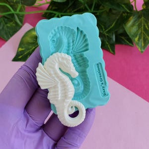 May include: A white seahorse-shaped craft mold next to a teal silicone mold. The silicone mold has a seahorse impression and the text "Sissy's Creations". The seahorse is a detailed, three-dimensional design, perfect for crafting projects.