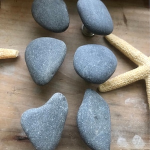 May include: Six gray stone cabinet knobs with a natural, organic look. The knobs are various shapes and sizes, and are arranged on a wooden surface with a starfish. These knobs would be a unique addition to any home decor.