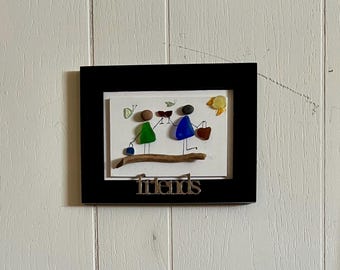 Sea glass art, sea glass friends, gift for bestie, gift for friend, sea glass beach wall art, Sea glass drinks, wine, dorm room