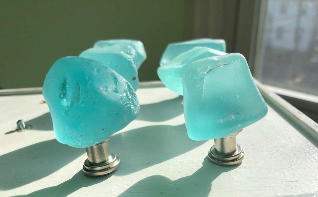 Blue Sea Glass Knobs, Nautical Knobs, Sea Foam Tumbled Sea Glass Knobs, Knobs, Coastal