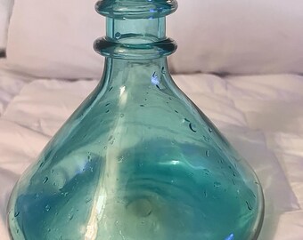 Vintage Hand-Blown Aqua Glass Decanter, Mediterranean Style glass, Vintage Aqua glass, Pontil Marked Bottle, Vintage Decanter, blue glass