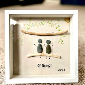 pebble art, spring art, beach art, nautical wall art, beach pebble wall art, OceanArt, sea glass wall art, shadow box, friends, gift