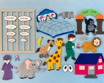 May include: A felt board with various zoo and bedtime-themed figures. Includes a bed with sleeping figures, a giraffe, lion, elephant, and a zoo entrance. Text bubbles say "Good night."