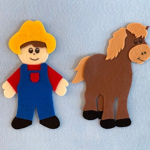 May include: A felt craft set featuring a brown horse and a person wearing blue overalls and a yellow hat.
