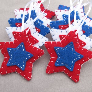 10 patriotic star ornaments, patriotic decor felt stars, holiday decor july 4th, americana, american decorations, USA independence day image 1
