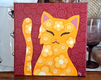 Original orange cat painting, 8x8 flower kitty artwork acrylic on canvas