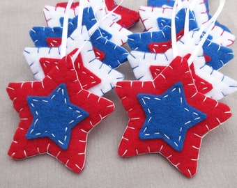 10 patriotic star ornaments, patriotic decor felt stars, holiday decor july 4th, americana, american decorations, USA independence day