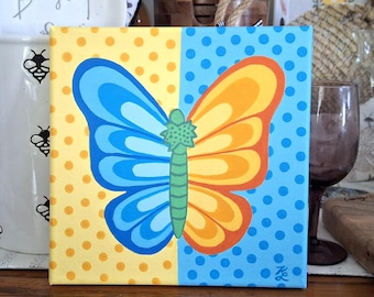 Original butterfly painting, 8x8 blue and orange acrylic hand painted artwork