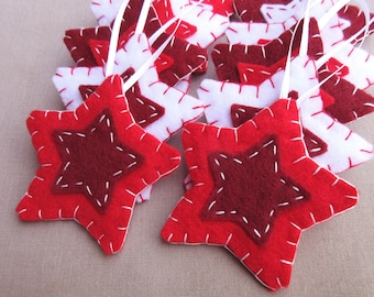 10 red star decorations, red felt stars Christmas ornaments, scarlet crimson cherry red fabric stars, hanging star shapes, red holiday decor