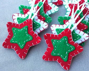 10 red and green star ornaments, green Christmas tree decorations, green star decor, holiday ornies, felt fabric hanging star shapes