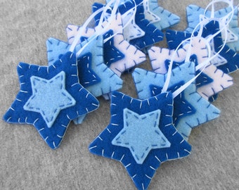 10 blue star decorations, blue star ornaments, blue christmas decor, felt hanging ornaments, blue fabric decorations