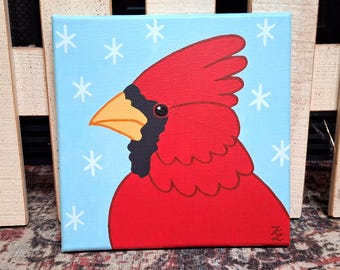 Original cardinal painting, 8x8 redbird artwork for bird lovers, acrylic on canvas