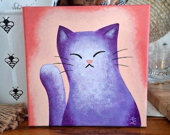 Original purple cat painting, 8x8 abstract kitten artwork, acrylic on canvas