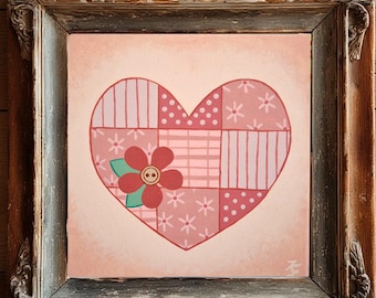 Original patchwork heart painting, 8x8 quilted heart in acrylics on canvas