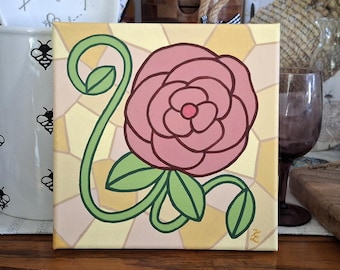 Original stained glass rose painting, pink carnation flower 8x8 acrylic floral artwork