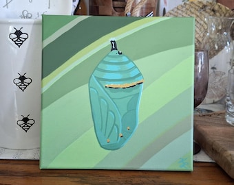 Original monarch butterfly chrysalis painting, 8x8 acrylic artwork of green and gold cocoon