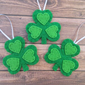 Set of 3 shamrock ornaments, lucky clover decorations, handmade felt St Patrick&#39;s Day decor, felt trefoil lucky charm