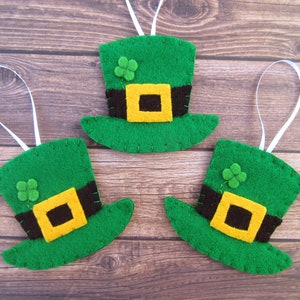 Set of 3 leprechaun hat ornaments, St Patrick's Day, green top hat decorations, Irish lucky clover, luck of the irish elf gnome Paddy's day image 1