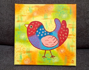 Original colorful bird painting, 8x8 abstract rainbow songbird artwork, acrylic on canvas