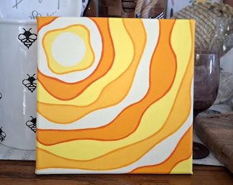Original abstract sunburst painting, 8x8 acrylic artwork of sunlight in warm yellows and oranges