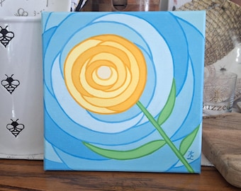 Original yellow rose painting, 8x8 abstract yellow flower artwork in acrylic