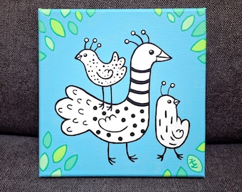 Original whimsical birds painting, 8x8 black and white songbirds art, acrylic on canvas