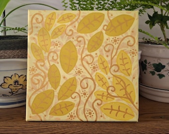 Original golden leaves painting, 8x8 hand painted acrylic artwork of yellow gold vines and leaf, shiny gold paint accent nature wall decor