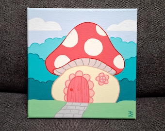 Original mushroom house painting, 8x8 fairy house artwork, acrylic on canvas