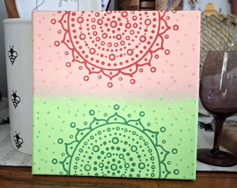 Original green and pink mandala painting, 8x8 acrylic two tone garden mandala artwork