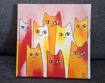 Original red Abstract Cats Painting, Acrylic on Canvas, 8x8 Kitten Art