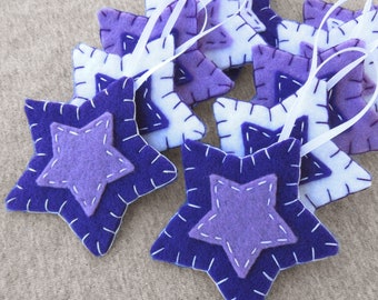 10 purple star decorations, lavender hanging stars, purple fabric ornaments, purple Christmas decor, folk art felt stars, violet felt