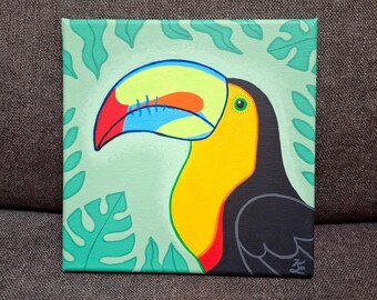 Original toucan painting, 8x8 tropical rain forest bird artwork, acrylic on canvas